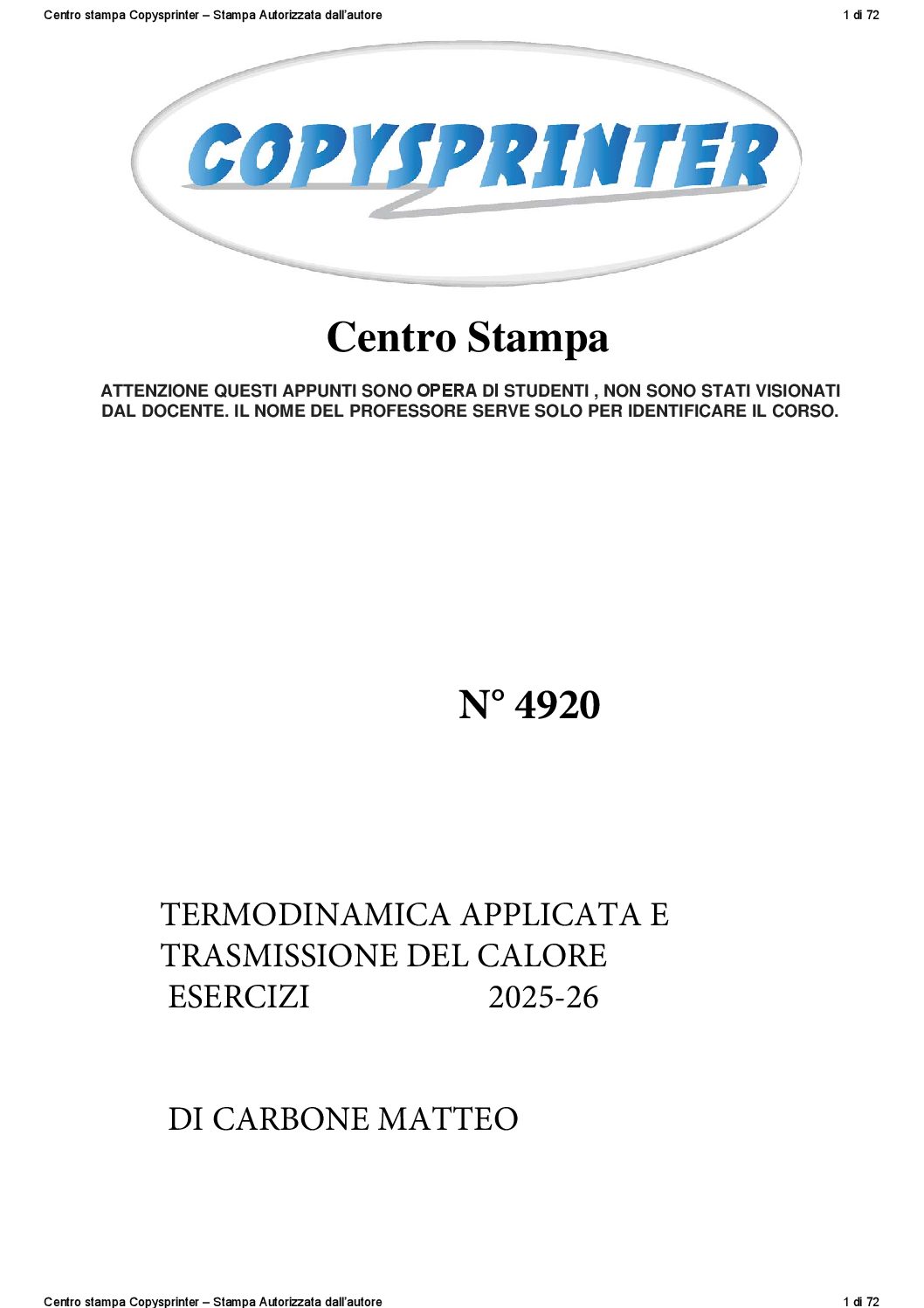 4920 -    TERMODINAMICA APPLICATA E TRASMISSIONE DEL CALORE