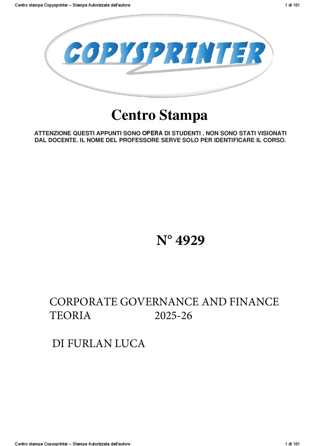 4929 -    CORPORATE GOVERNANCE AND FINANCE