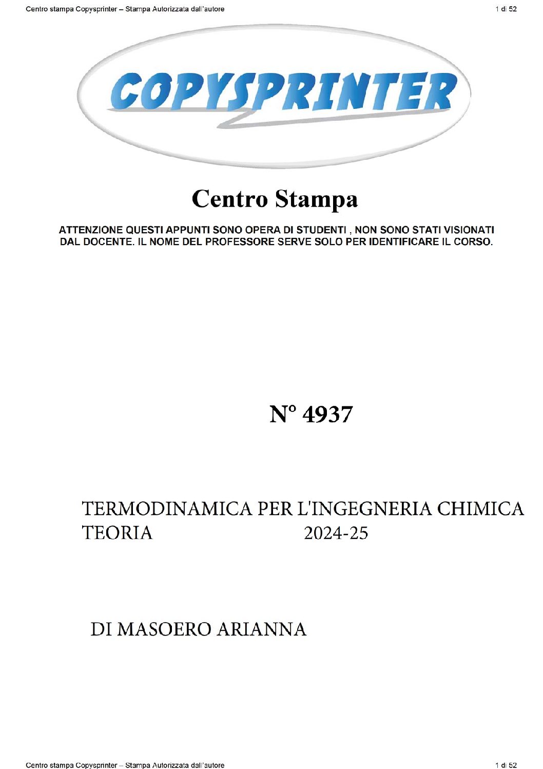 4937 -  TERMODINAMICA PER L'INGEGNERIA CHIMICA
