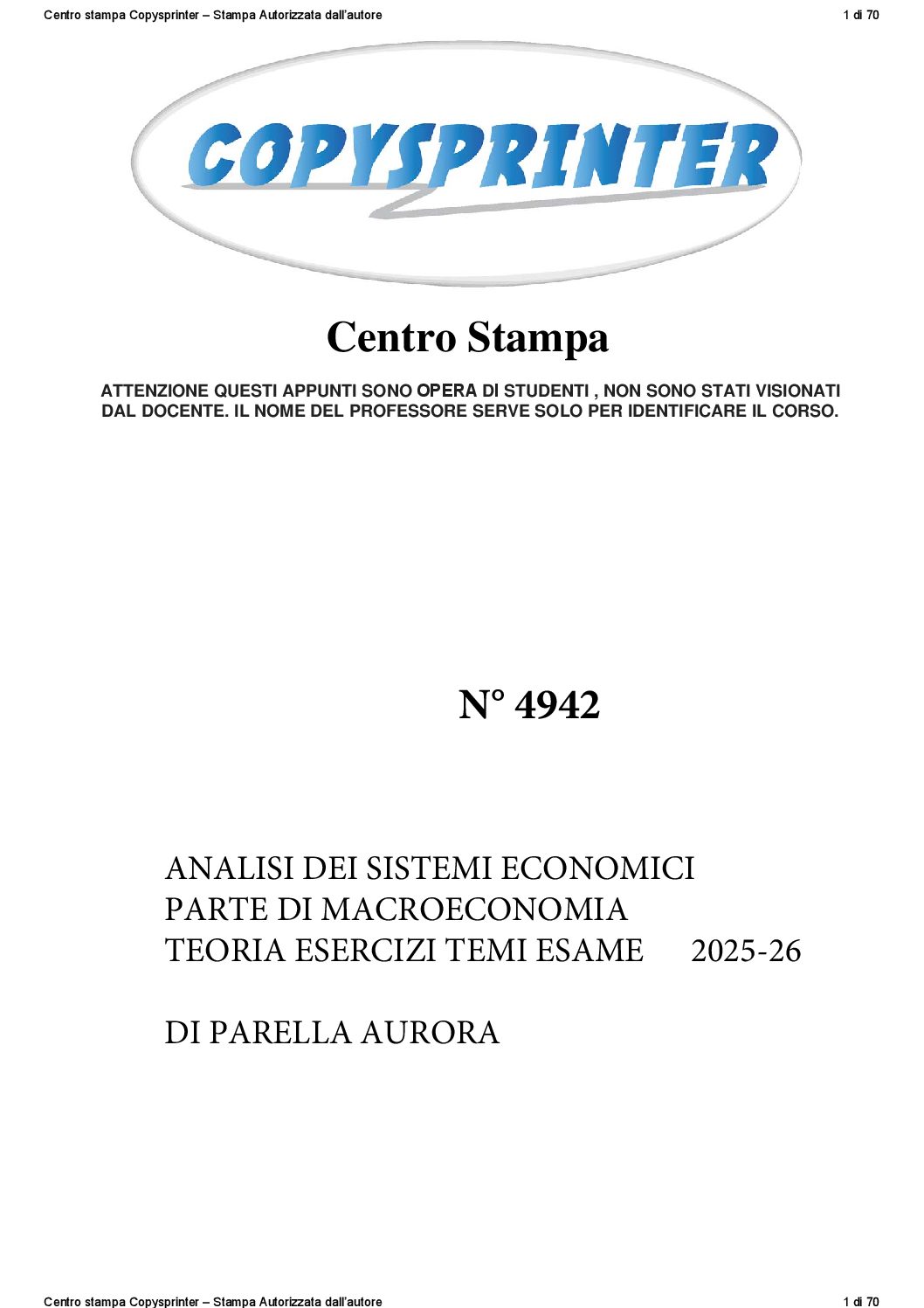 4942 -   ANALISI DEI SISTEMI ECONOMICI PARTE DI MACROECONOMIA