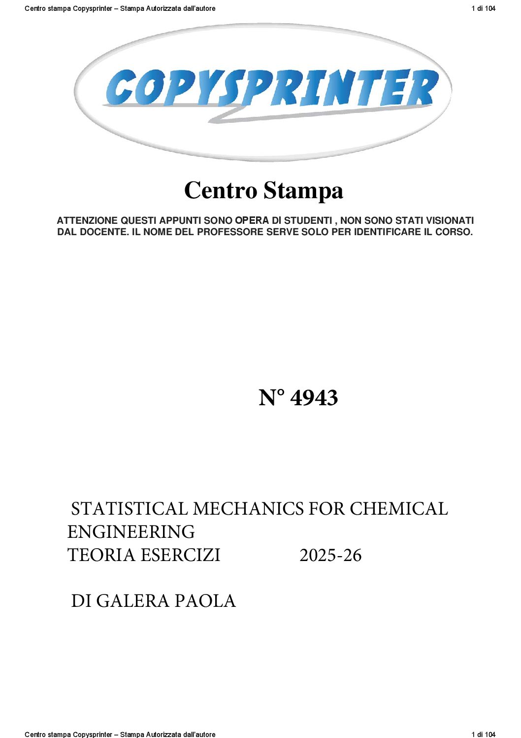 4943 -   STATISTICAL MECHANICS FOR CHEMICAL ENGINEERING